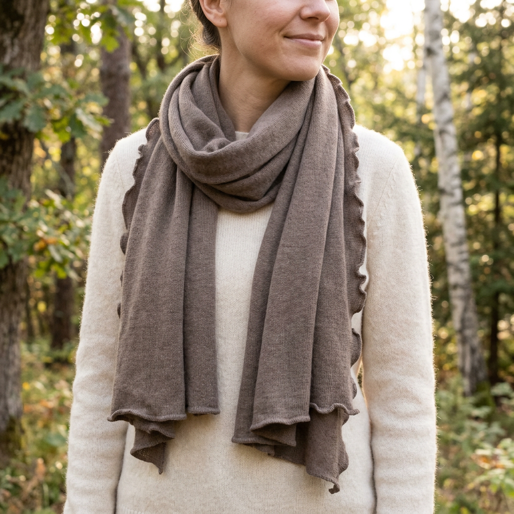 SCARF, RUFFLE EDGE - MERINO/CASHMERE, TAUPE