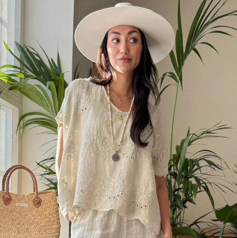 SHIRT LINEN, DELPHIE - SAND EMBROIDERED