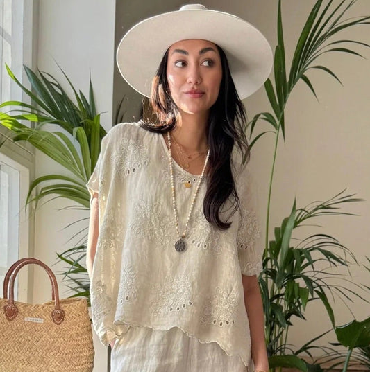 SHIRT LINEN, DELPHIE - SAND EMBROIDERED