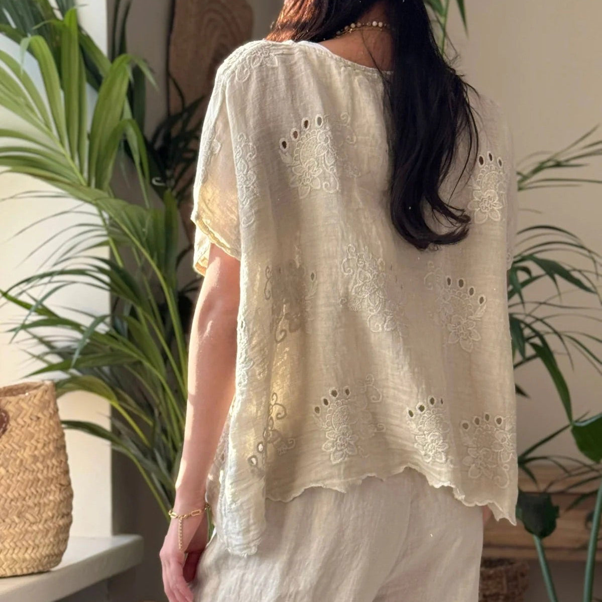 SHIRT LINEN, DELPHIE - SAND EMBROIDERED