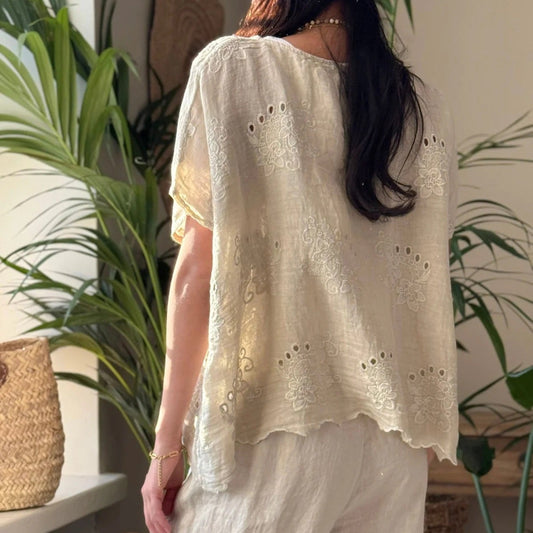 SHIRT LINEN, DELPHIE - SAND EMBROIDERED