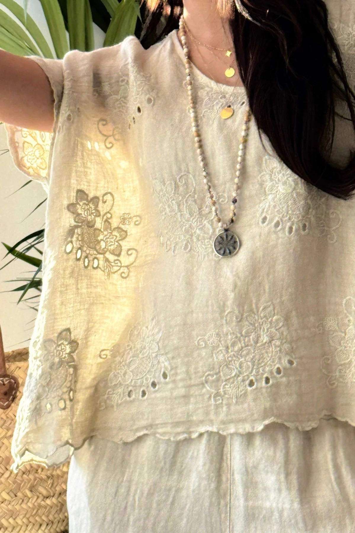SHIRT LINEN, DELPHIE - SAND EMBROIDERED