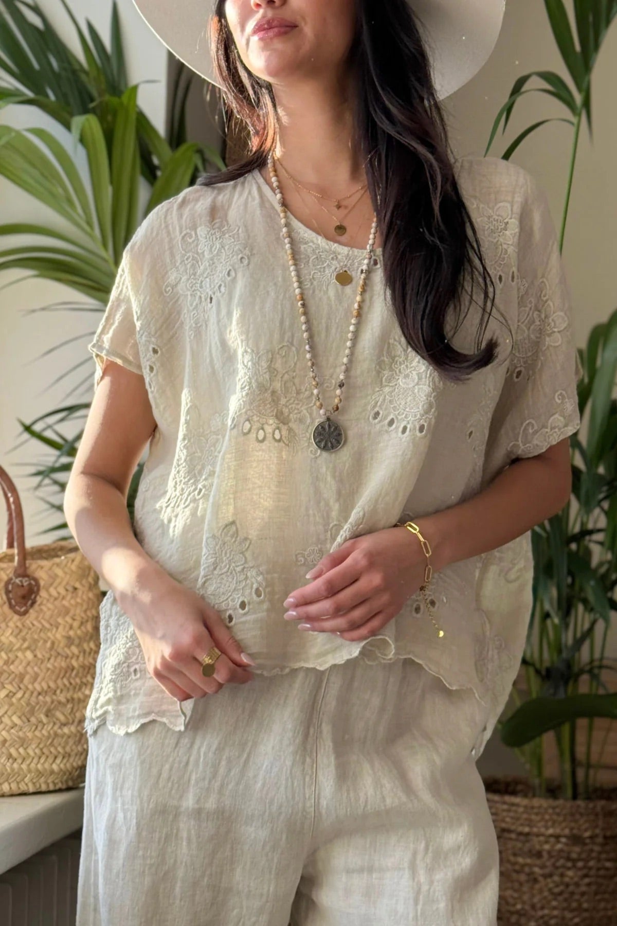 SHIRT LINEN, DELPHIE - SAND EMBROIDERED