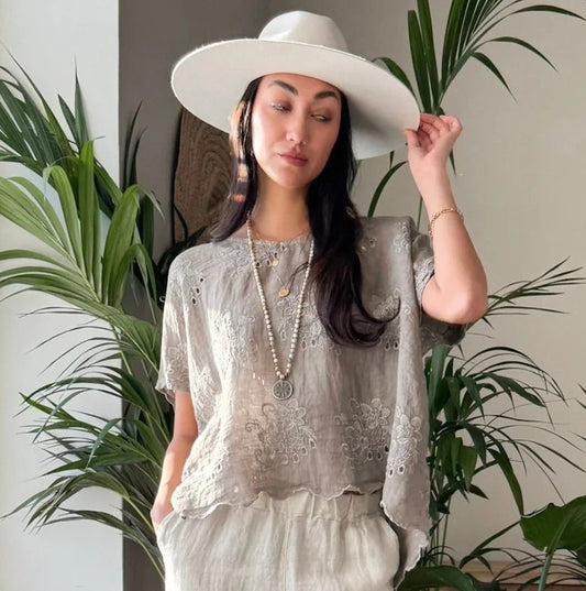 SHIRT LINEN, DELPHIE - TAUPE EMBROIDERED