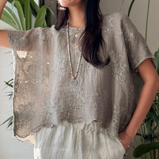 SHIRT LINEN, DELPHIE - TAUPE EMBROIDERED