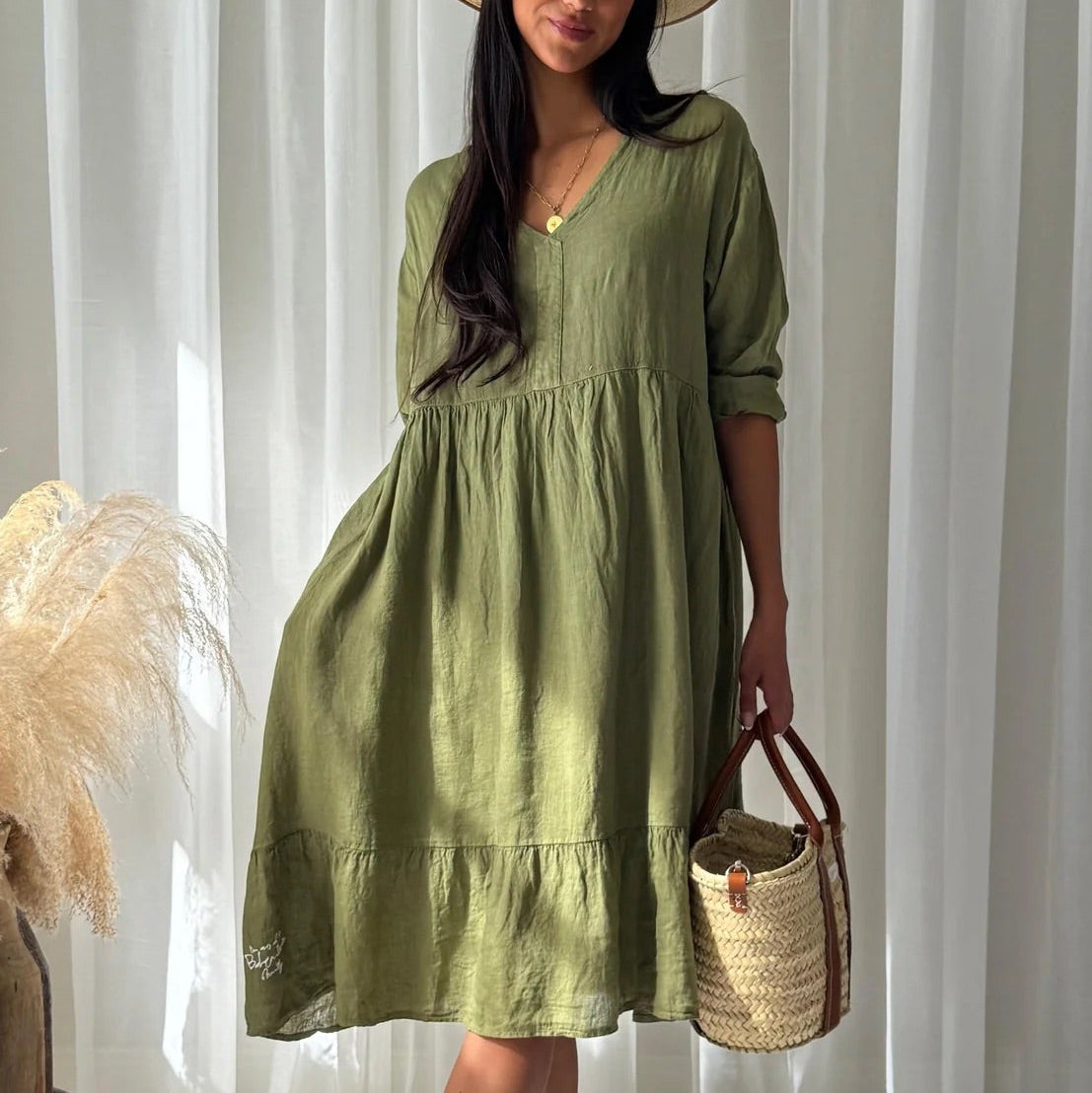 DRESS LINEN, RAELLE - GREEN