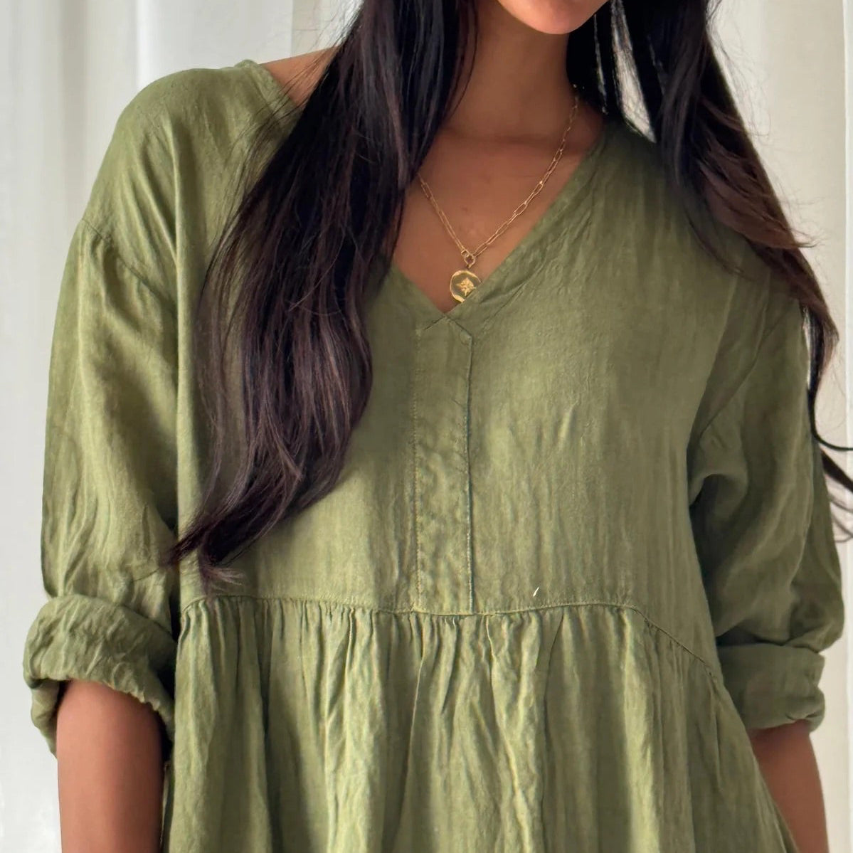 DRESS LINEN, RAELLE - GREEN