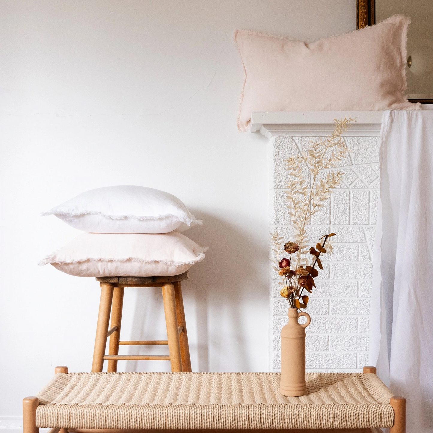 50% OFF! PILLOW, LUMBAR FRINGED / LINEN (BLUSH)